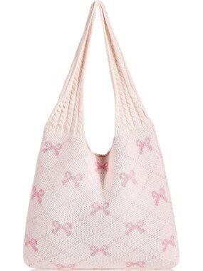 Women's Apricot Pink Crochet Mesh Tote Bag Shoulder Lightweight Shopping Handbag